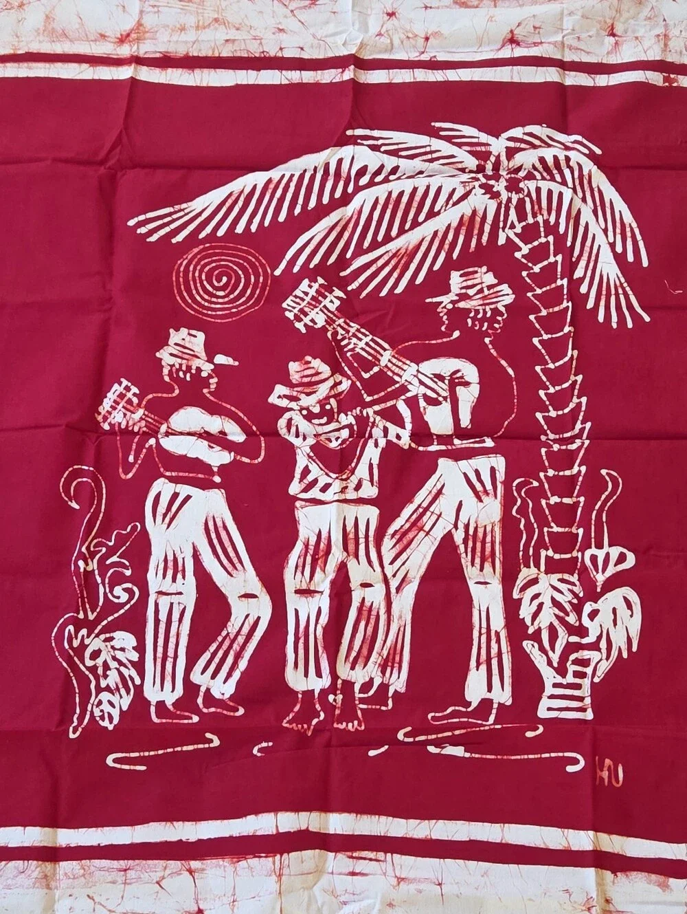 Caribelle Batik Caribbean Musicians Palm Tree Red Wax Resit Art Fabric Panel